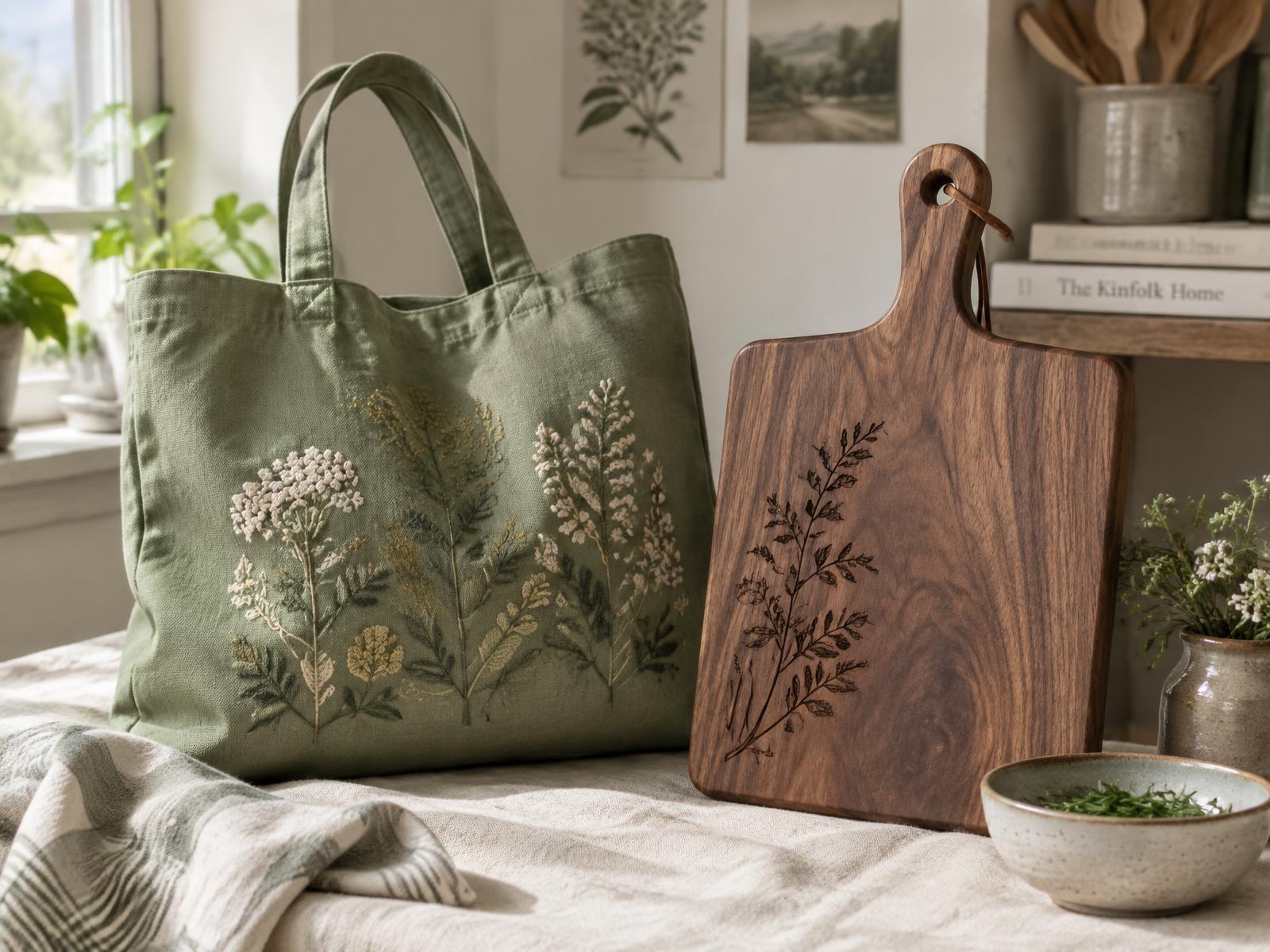 Sage embroidered canvas tote beside a laser-engraved walnut board on cream linen