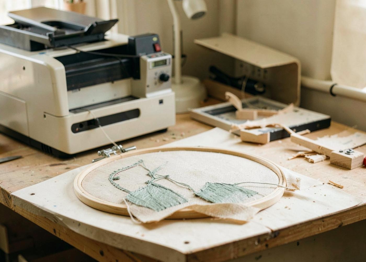 Embroidery hoop with sage thread beside a laser engraver in the studio